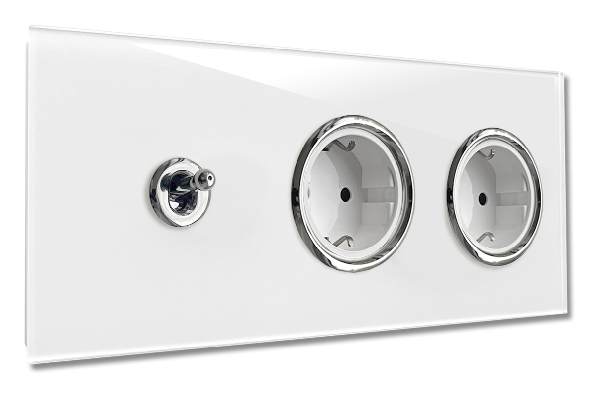 Lichtschalter mit Steckdosen Weiß Silber Glasoptik waagerecht CAMBRIDGE