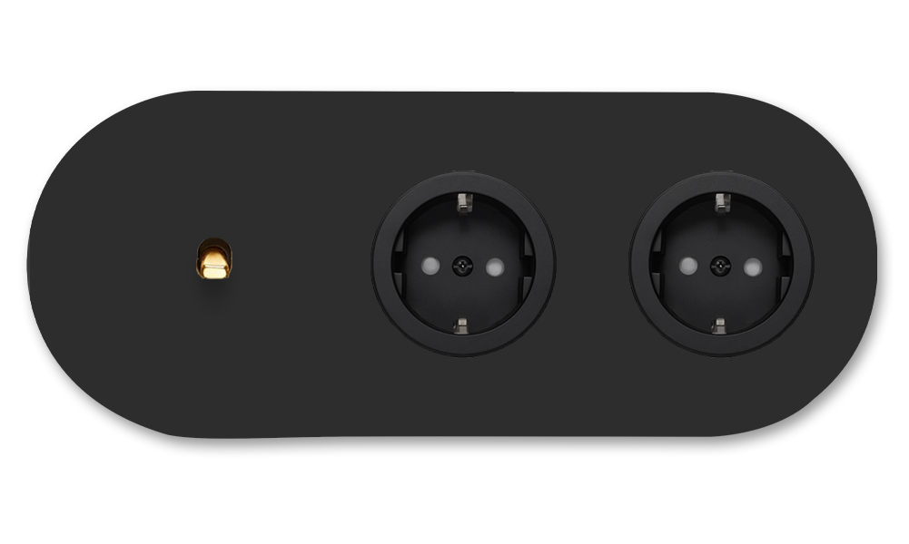Kipphebel-Lichtschalter Metall matt Schwarz Gold 1-fach + 2 Steckdose waagerecht. Round Series