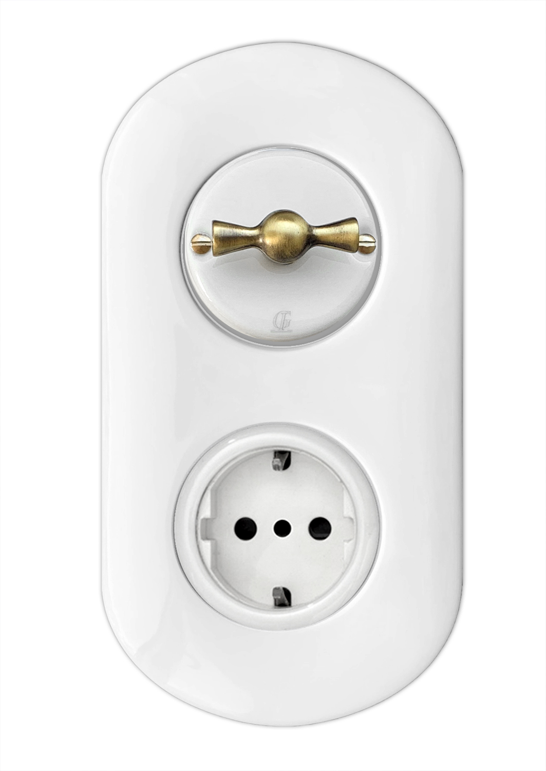 Porzellan-Drehschalter (Wechselschalter) mit Steckdose. Weiß Gold. VDE