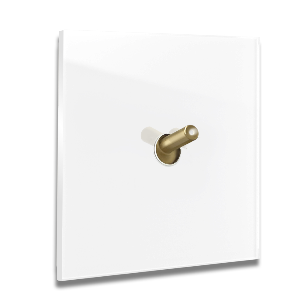 Modern illuminated design light switch in white glass optic with 1 brass toggle lever. YORK