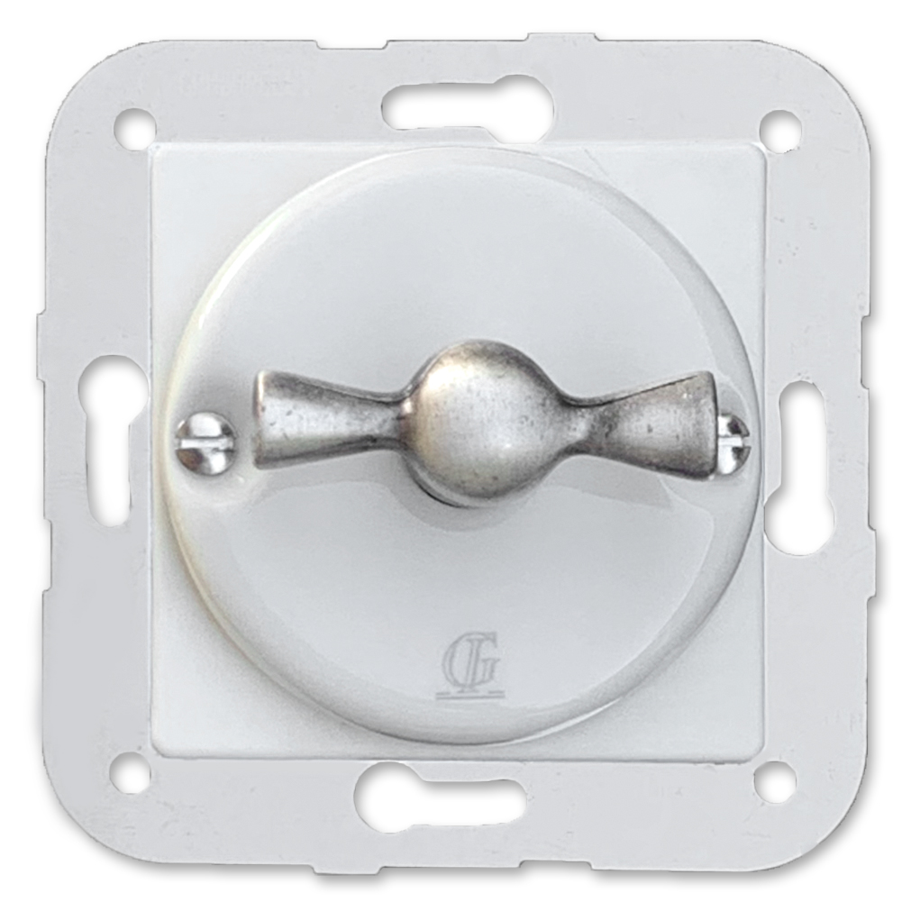 Porzellan Schalter-Einsatz mit silbernem Drehschalter. Ein/Aus Wechselschalter. Butterfly