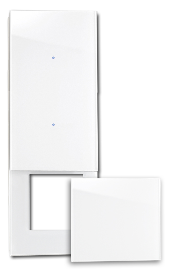 Touch-Blende NOVA - Glas-Optik 2-fach mit Ausschnitt und Abdeckung in Weiß.