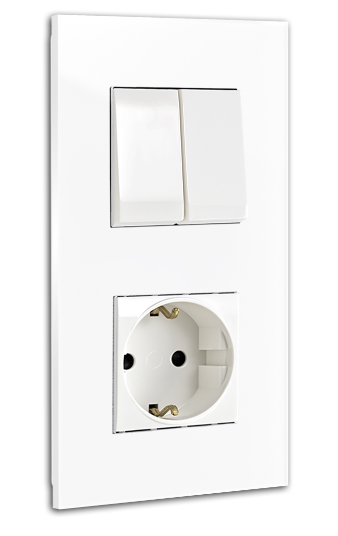 Kombination 2 Schalter mit Steckdose. Glas-Optik, weiß. MAXIM