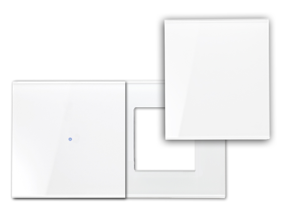 Touch-Blende NOVA - Glas-Optik 1-fach mit Ausschnitt und Abdeckung waagerecht in Weiß.