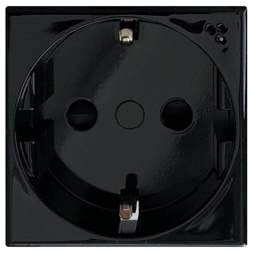 Schuko-Steckdoseneinsatz (Typ F). Schwarz glänzend. Für quadratische Rahmenausschnitte.